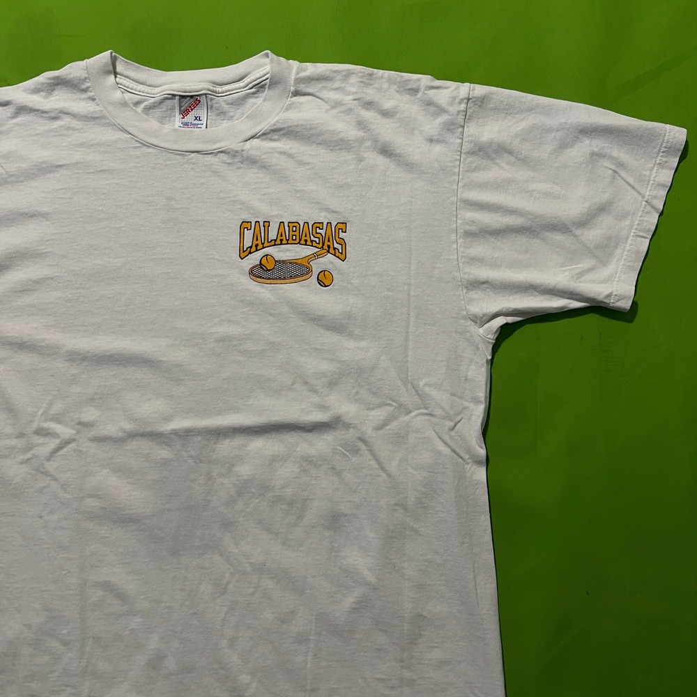 Vintage Jerzees Calabasas Tennis Graphic Shirt Mens XL White Cotton Short Sleeve